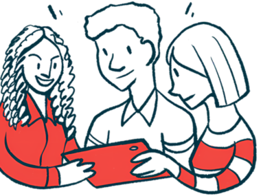 Three people look at a computer tablet.