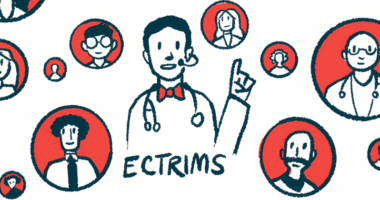 An illustration of a speaker surrounded by images of other people, at an ECTRIMS conference.