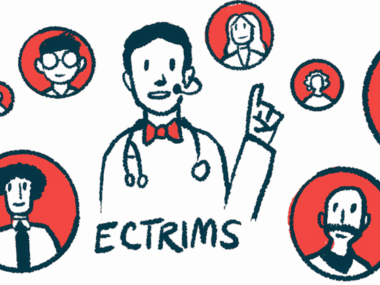 An illustration shows a speaker raising one hand while surrounded by images of other people, at an ECTRIMS conference.