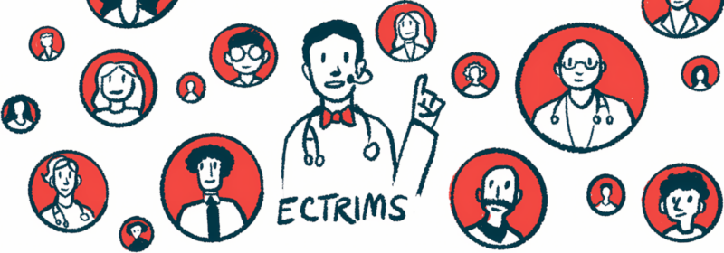 An illustration shows a speaker raising one hand while surrounded by images of other people, at an ECTRIMS conference.