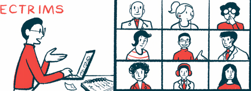 A presenter at ECTRIMS speaks to an audience joining in the conference virtually.