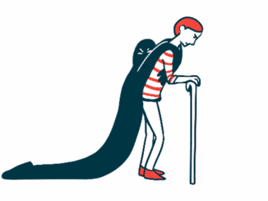 A person weighted down by a shadow figure hanging on the shoulders is seen walking with the aid of a cane.