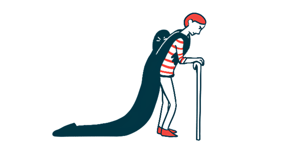 A person weighted down by a shadow figure hanging on the shoulders is seen walking with the aid of a cane.