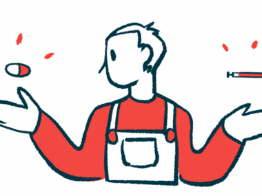 A person wearing overalls is seen choosing between two medicines, with an oral capsule hovering over one outstretched hand and a syringe over the other.