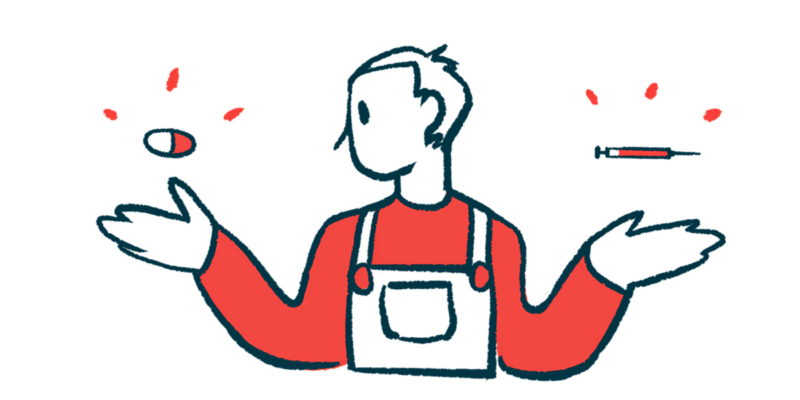 A person wearing overalls is seen choosing between two medicines, with an oral capsule hovering over one outstretched hand and a syringe over the other.