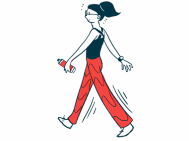 An illustration shows a woman walking and holding a water bottle.