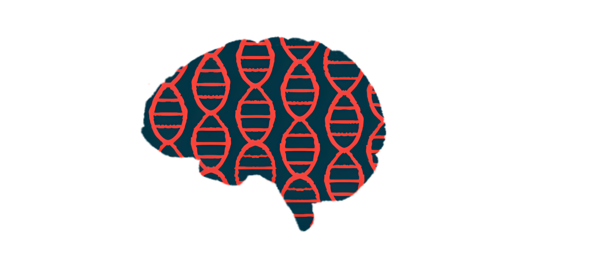 This Illustration shows a profile of the human brain with DNA chains superimposed.