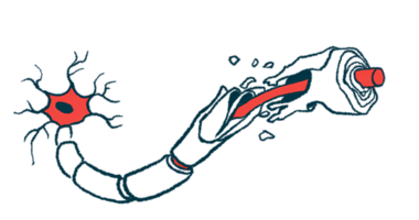 An illustration shows damaged myelin along a nerve cell fiber.