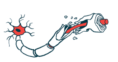 An illustration shows damaged myelin along a nerve cell fiber.