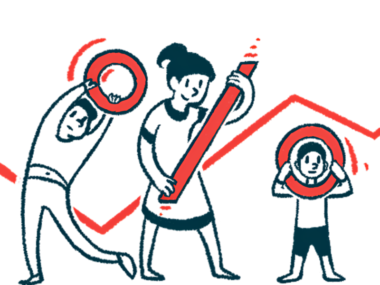 Three people use circles and a bar to form an oversized percentage sign against the backdrop of an zigzag arrow portraying increase.