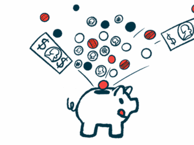 Bills and coins are seen funneling into the top slot of a pig-shaped bank that is licking its lips.