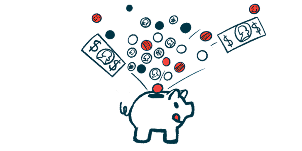 Bills and coins are seen funneling into the top slot of a pig-shaped bank that is licking its lips.