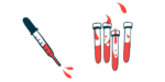 A dropper squirts blood alongside four half-filled vials.