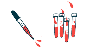 A dropper squirts blood alongside four half-filled vials.