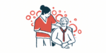 A nurse puts her arm around a man seated in a chair.