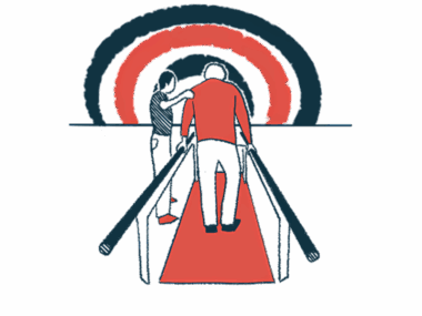 A person is seen walking between a set of handrails during a physical therapy session as a clinician extends a hand.