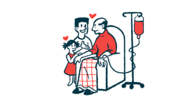 An adult and a child, with hearts over their heads, stand next to an older man in a chair receiving a drip treatment.