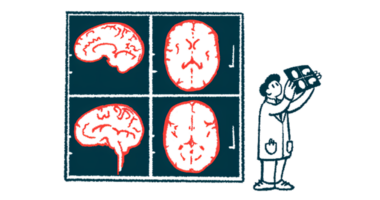 A medical professional views a brain scan with giant brain scan images in the background.