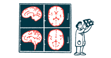 Illustration of a medical professional viewing a brain scan with giant brain scan images in the background.