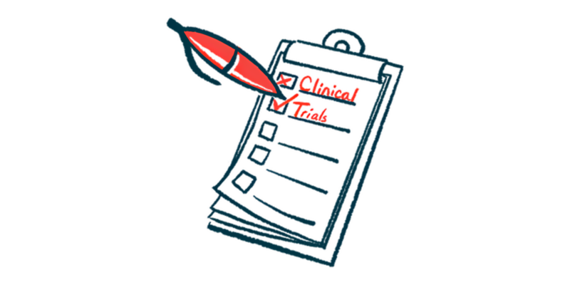An oversized red pen ticks boxes marked "Clinical" and "Trials" on a checklist attached to a clipboard.