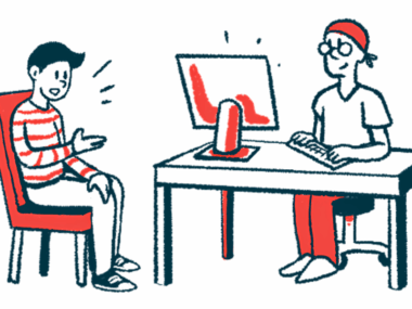 A person is shown talking with a doctor who's sitting at a desk and entering information into a computer.