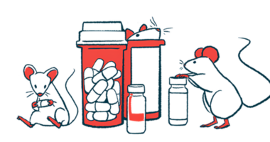 Two mice climb among prescription medication bottles, while a third holds a capsule in its paws.