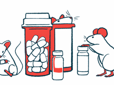 Two mice climb among prescription medication bottles, while a third holds a capsule in its paws.