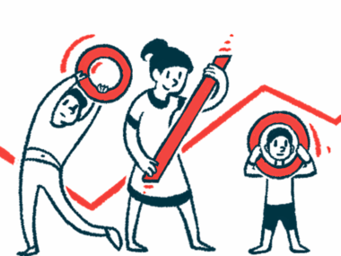 Three people hold circles and a bar to form an oversized percentage sign against the backdrop of a zigzagging arrow indicating an increase.