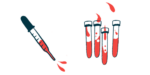 A dropper squirts blood alongside four half-filled vials.