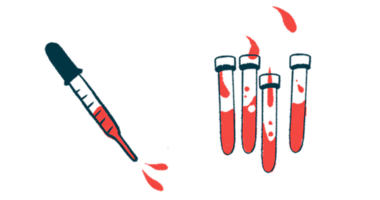 A dropper squirts blood alongside four half-filled vials.