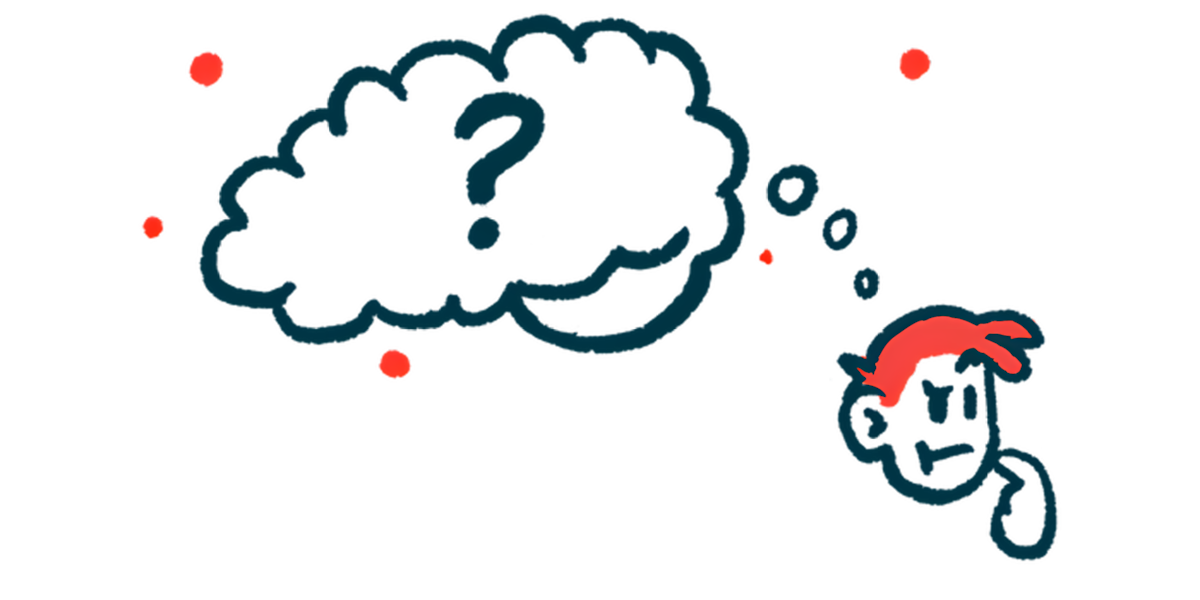 A question mark appears in a thought bubble above a person's head.