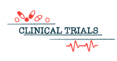 Medicine capsules and pills and an EKG reading frame the words CLINICAL TRIALS.