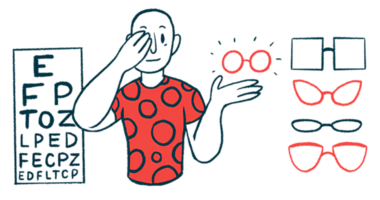 An illustration of an adult taking an eye exam.