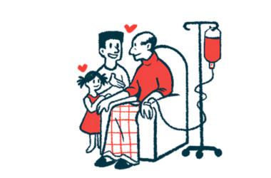 An adult and a child, shown with hearts over their heads, are seen next to an older man in a chair who's receiving an infusion treatment.