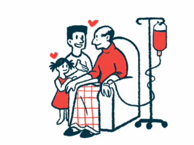 An adult and a child, shown with hearts over their heads, are seen next to an older man in a chair who's receiving an infusion treatment.