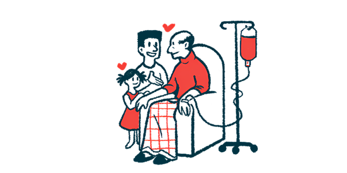 An adult and a child, shown with hearts over their heads, are seen next to an older man in a chair who's receiving an infusion treatment.