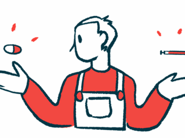 A person wearing overalls is seen choosing between two medicines, with an oral capsule hovering over one outstretched hand and a syringe over the other.