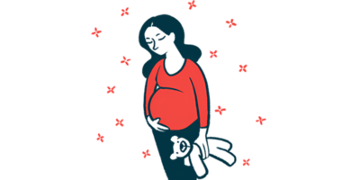 A pregnant woman holds her belly and a teddy bear.