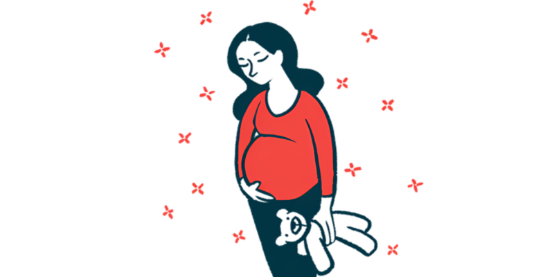 A pregnant woman holds her belly with one hand and a teddy bear with the other hand.