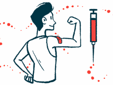 A person flexes a bandaged arm as an oversized injection needle hovers nearby.