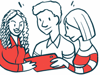 Three people look at information being shown on a tablet.