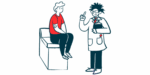 A doctor consults with a patient who is seated on an examination table.