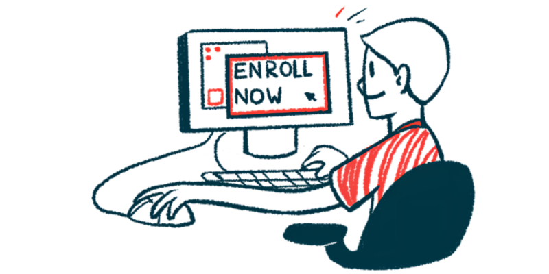 A person looks at a computer monitor, with his hand on a mouse, as the screen reads "enroll now."
