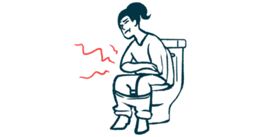 A person experiencing gastrointestinal pain is seen sitting on a toilet.