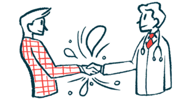 A person is seen vigorously shaking hands with a clinician.