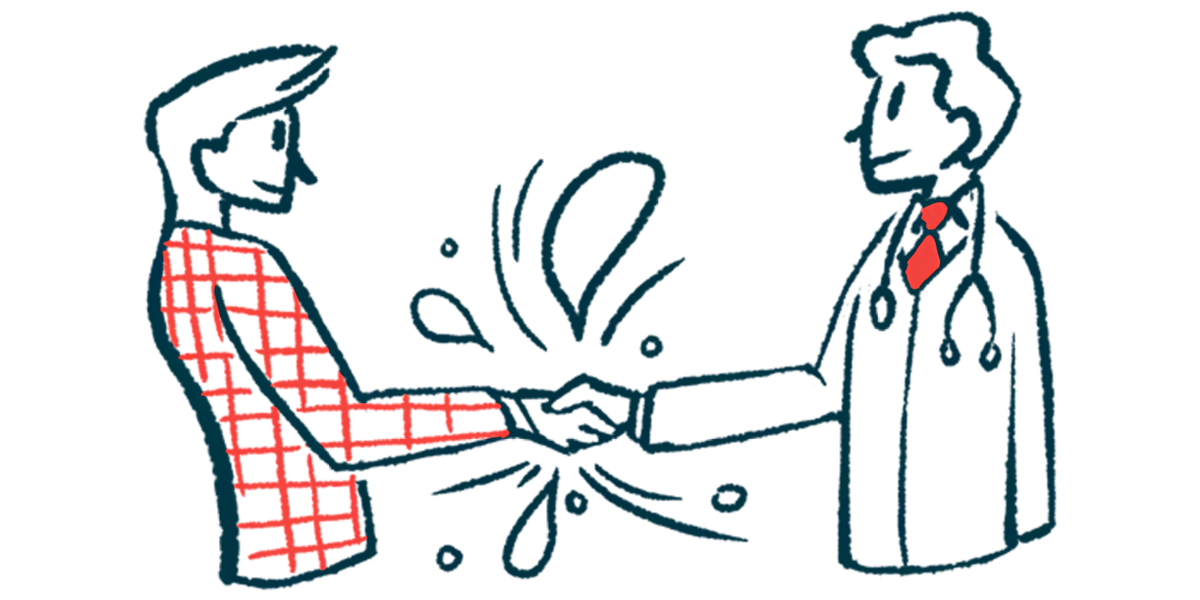 A person is seen vigorously shaking hands with a clinician.