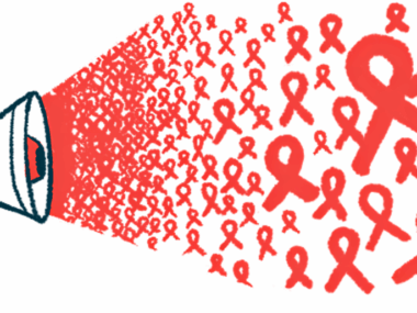 A megaphone blasts hundreds of red awareness ribbons from its cone.