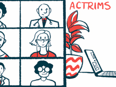 A person uses a laptop to connect virtually with participants in ACTRIMS.