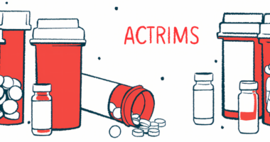 An oral prescription medicine bottle is seen on its side, with pills spilling out, alongside a handful of other medication bottles, in an illustration labeled with the word ACTRIMS.