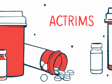 An oral prescription medicine bottle is seen on its side, with pills spilling out, alongside a handful of other medication bottles, in an illustration labeled with the word ACTRIMS.